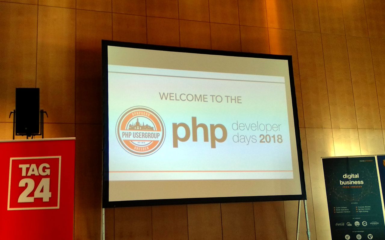 The PHPDD18 logo on a screen