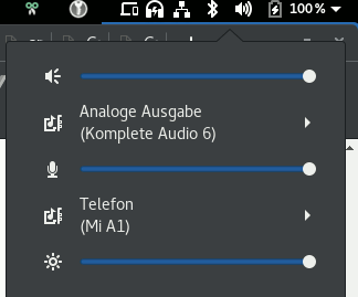 Gnome-Desktop-Menü mit Telefon (Mi A1) als Audioquelle