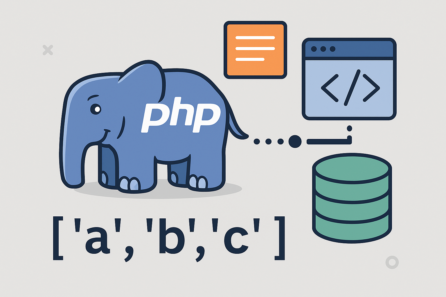 Ein PHP-Elefant, Symbole für Quelltext und Datenbanken und ein PHP-Array mit den Werten 'a', 'b' und 'c'