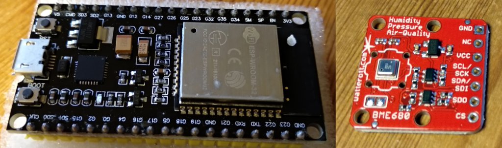 ESP32-Board (links) und BME680-Sensor (rechts)
