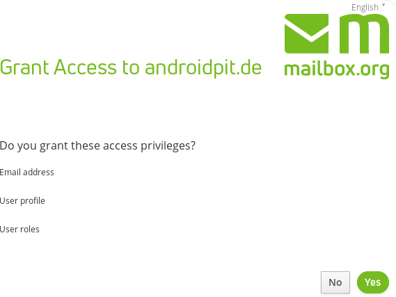 mailbox.org-Formular, das nach Zustimmung fragt, AndroidPIT Zugriffsrechte zu gewähren