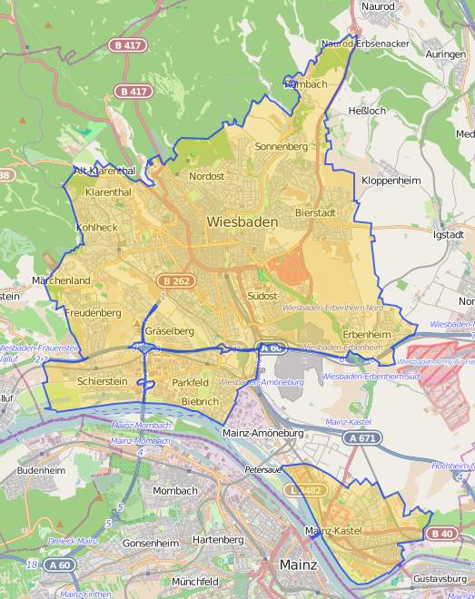 OSM-Kartenausschnitt mit der Umweltzone Wiesbaden