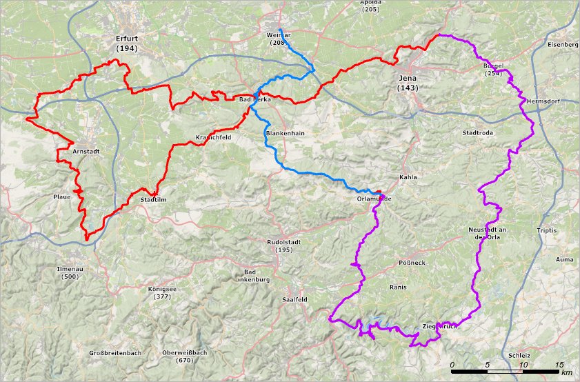 Der Track von Thüringen Erfahren Gravel 2022 (rot), davon lila und blau die Strecken, die ich gefahren bin